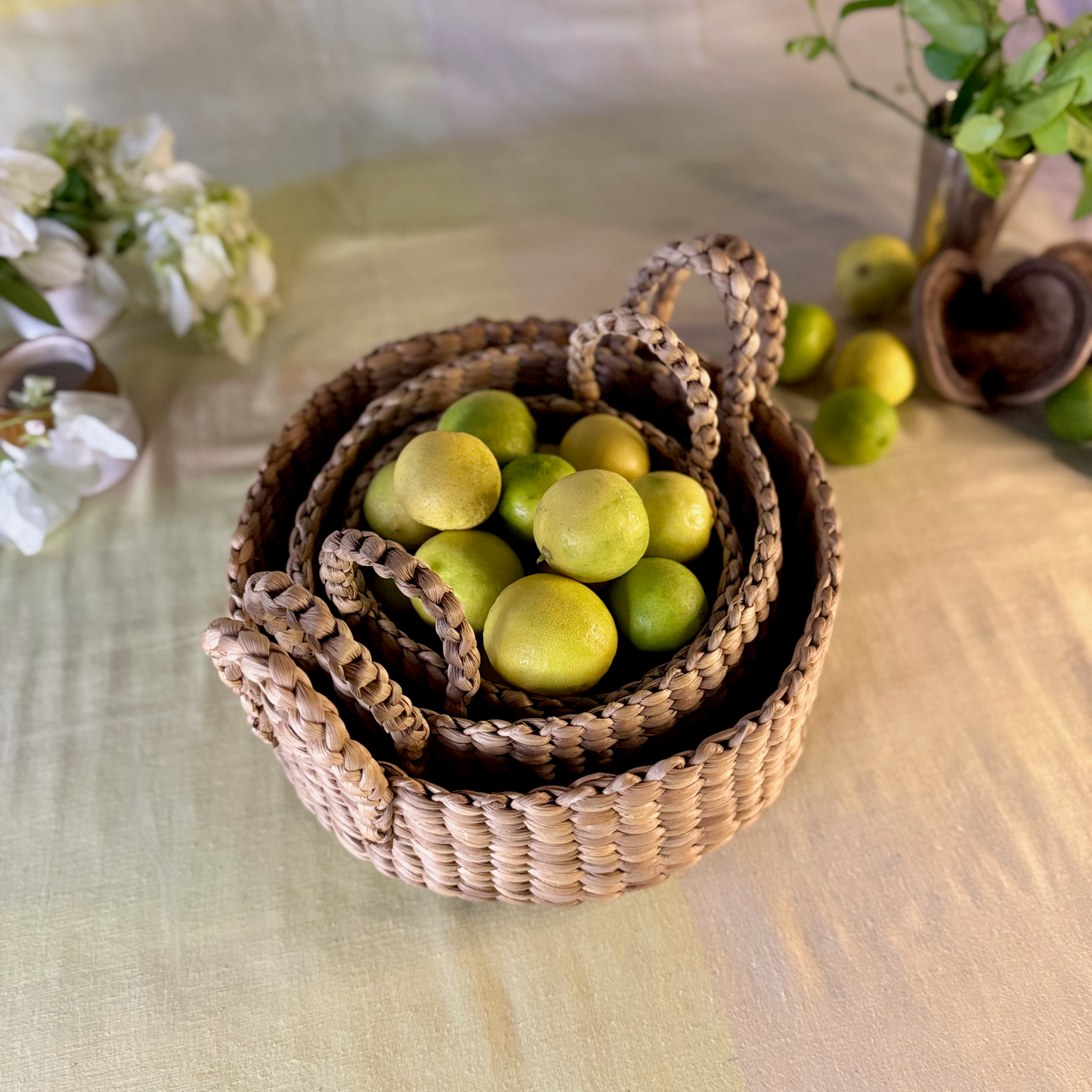 Handwoven Water Hyacinth trays in all sizes with lemons