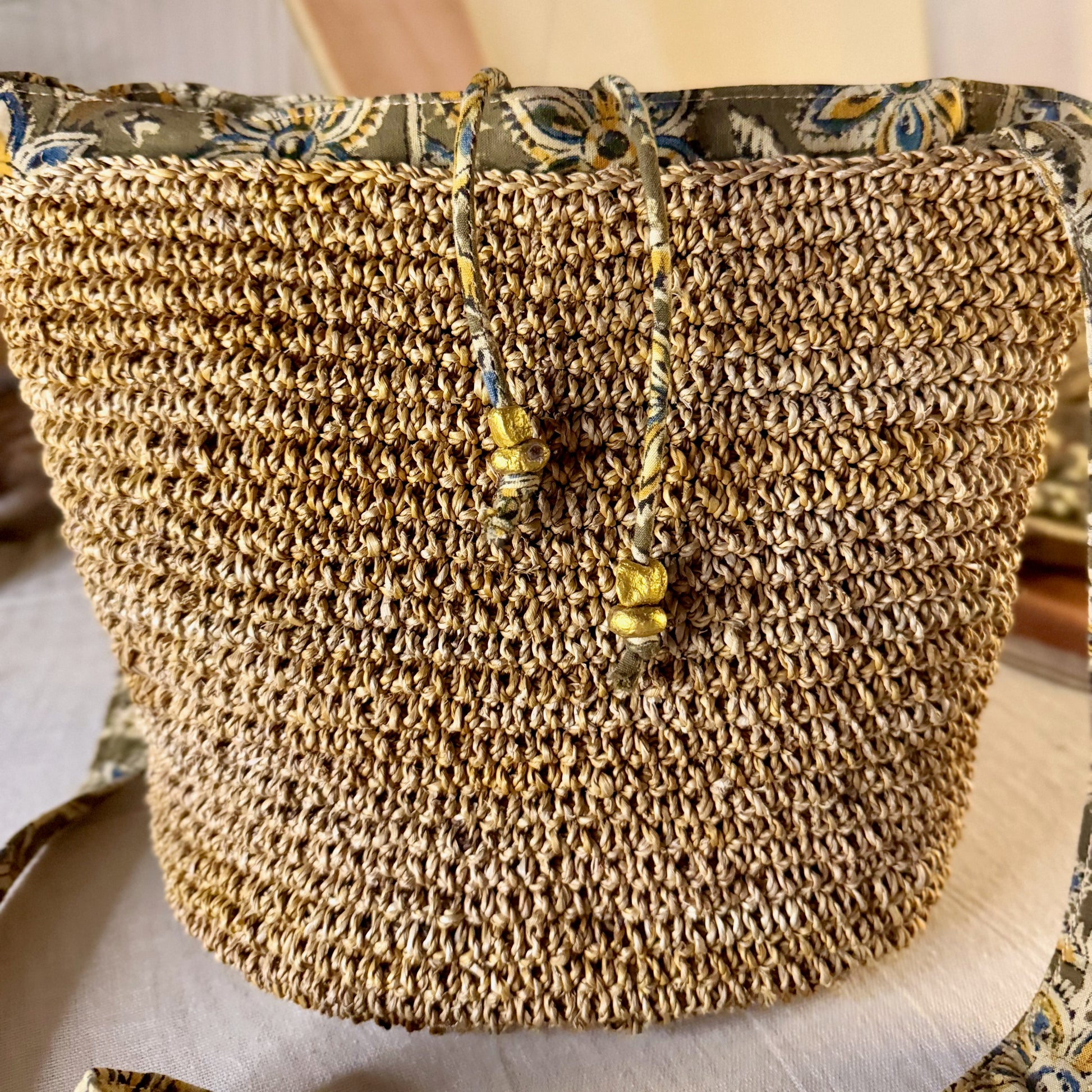 close up banana fibre and fabric handbag