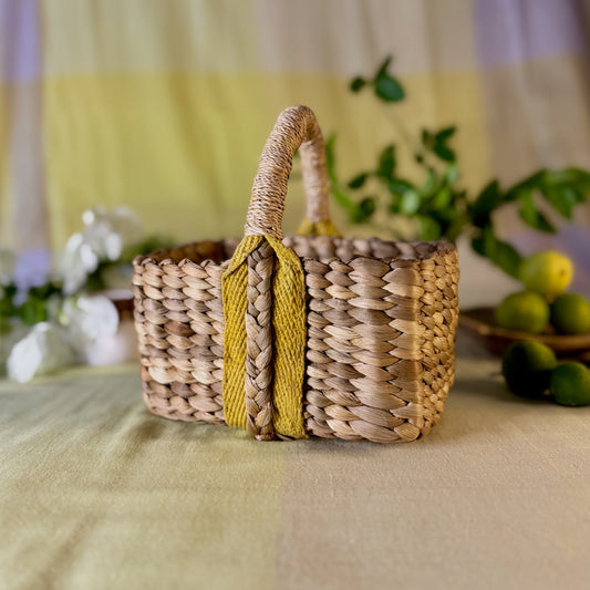 Boxy water hyacinth and banana fibre handbag basket 