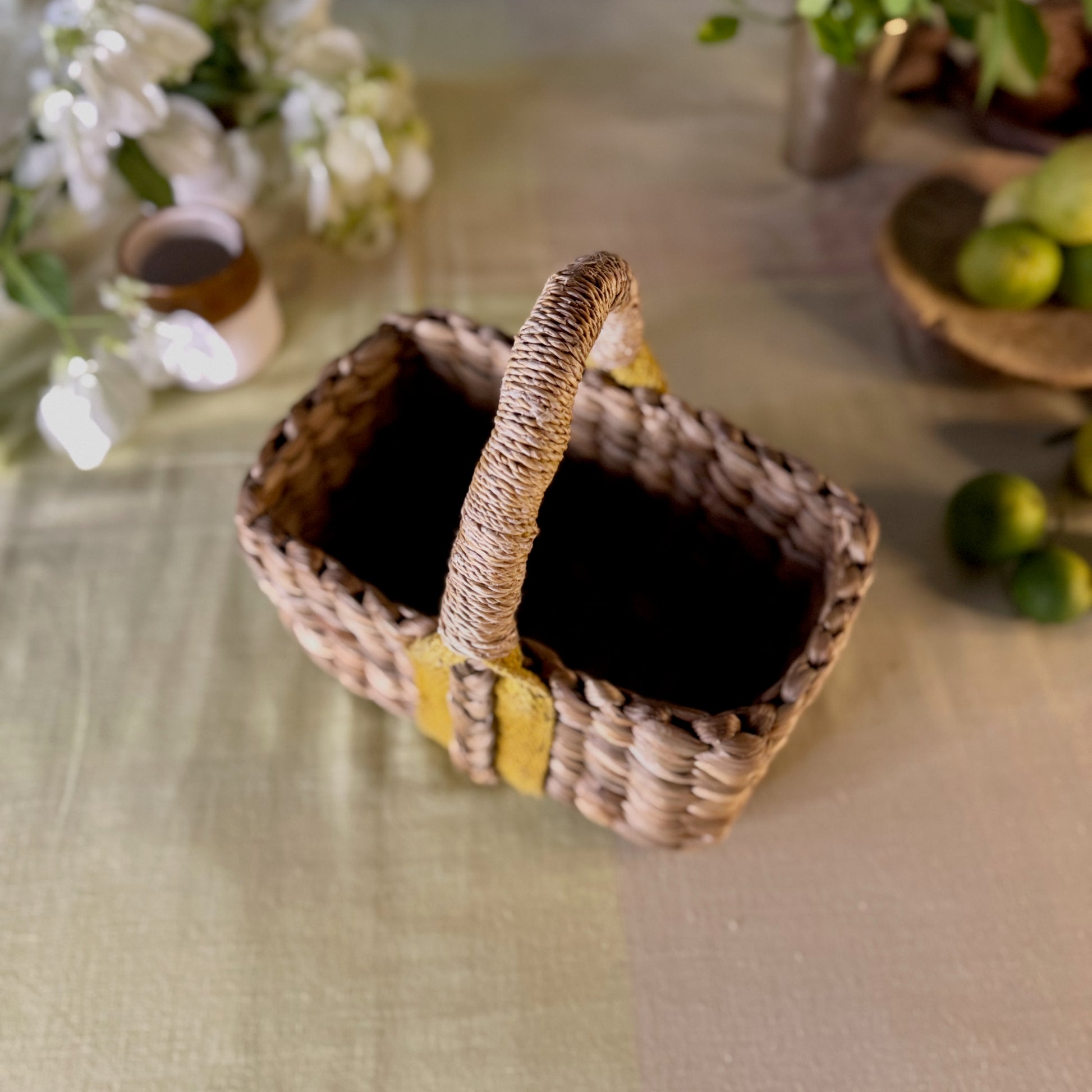 boxy water hyacinth and banana fiber basket handbag