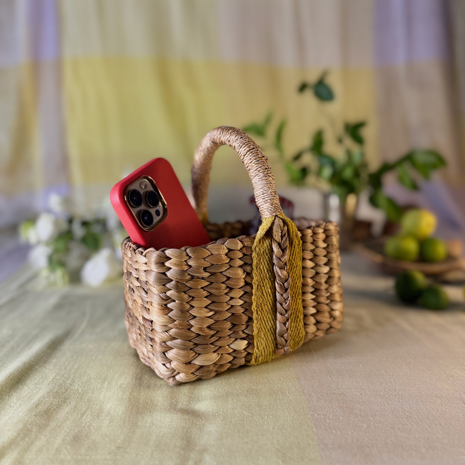 boxy water hyacinth and banana fiber handbag basket with phone